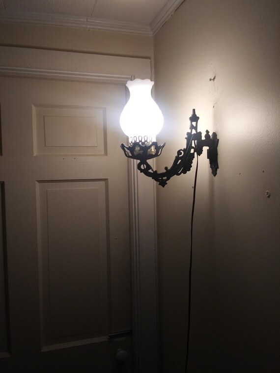 Victorian Cast Iron Oil Lamp Wall Sconce Electric Lamp Milk Glass