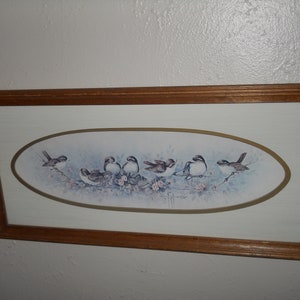 Margie Morrow Sparrows on a Rose Bush Branch  1983 Lithograph Wood Frame  with Oval Matting