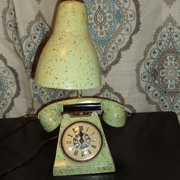 1940's Cast Iron Telephone Table Lamp Clock and Lighter by Trea-Boye Corp Brooklyn NY