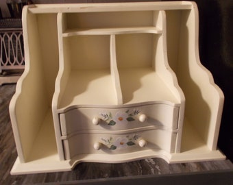Solid Wood 2 Drawer Table Top Organizer Hand Painted Floral Accents