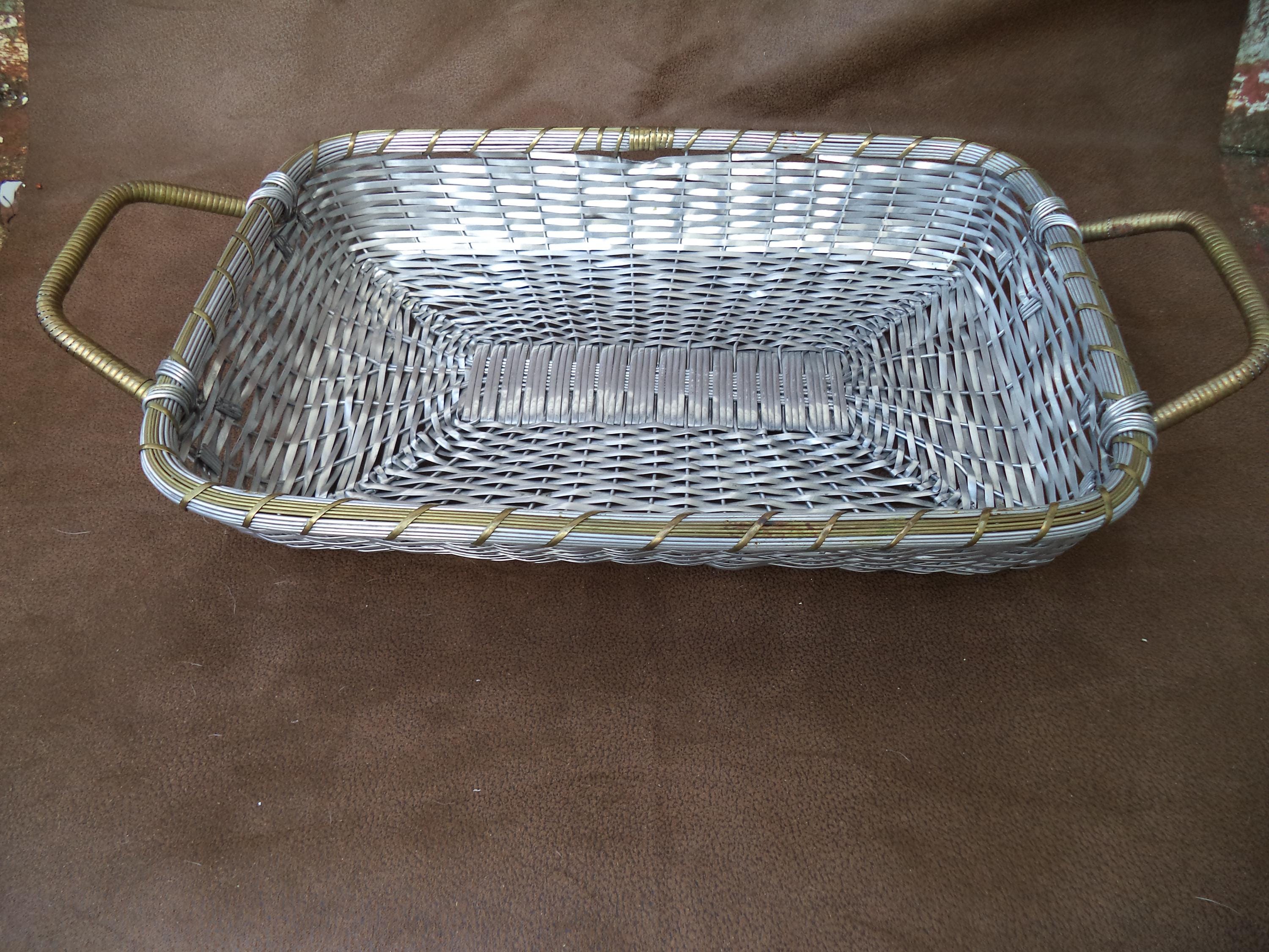 Large Mid Century Aluminum and Brass Woven Basket With Handles 18 x 10