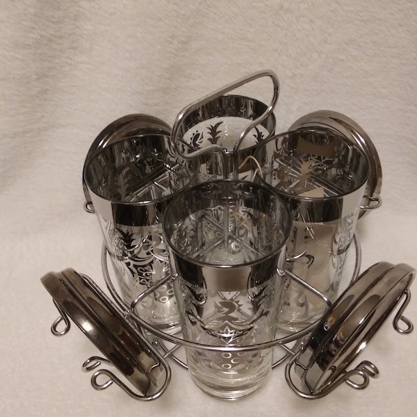 Mid Century Barware Set Queens Luster by Vitreon 4 Crystal High Ball Glasses 4 Guardian Coasters and Metal Caddy