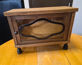 Mid Century Oak Cupboard Table Top Craftsman Style with Decorative Glass  Door 16" x 12" x 6"