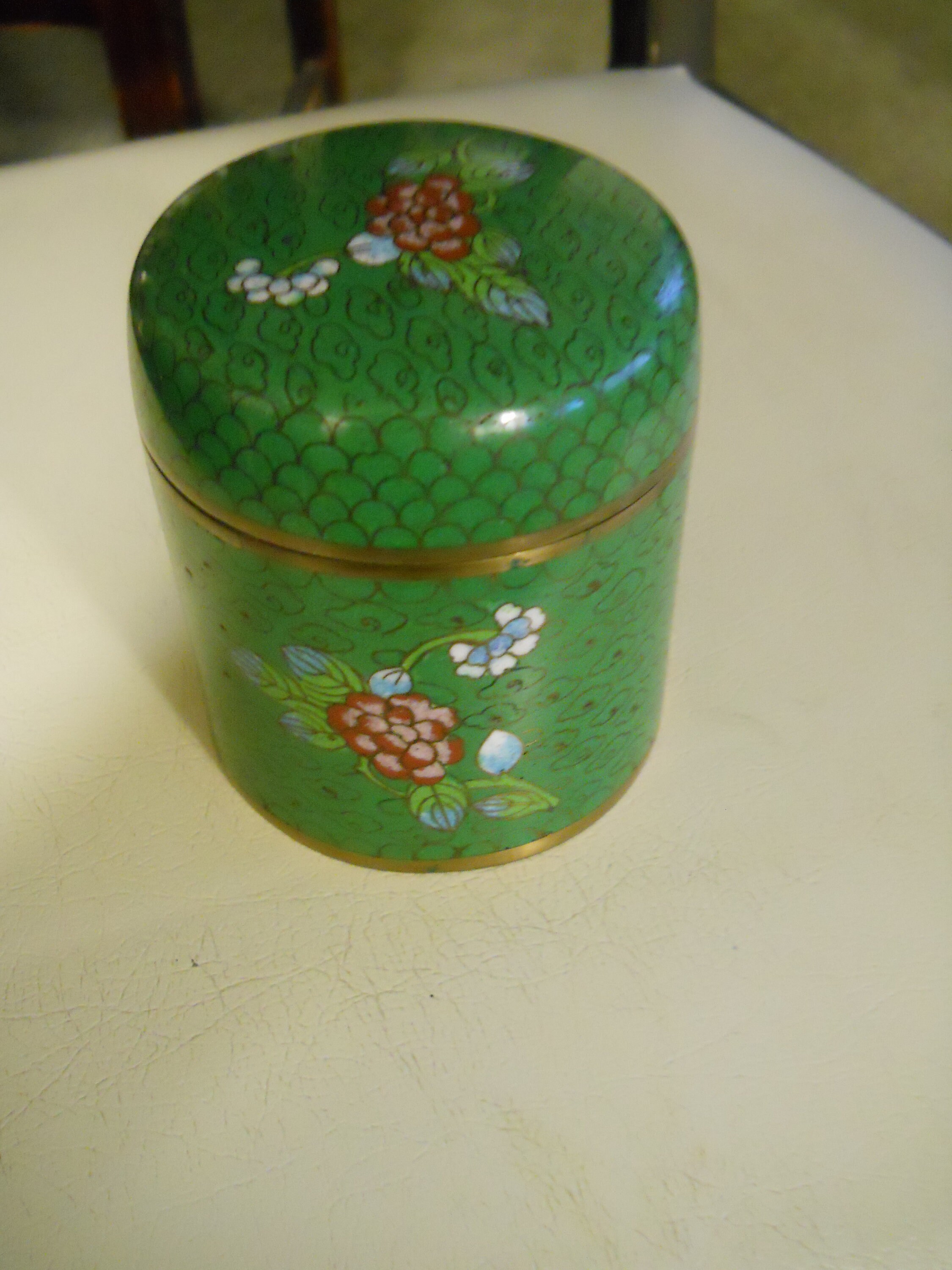Antique Chinese Cloisonne  Round  Lidded Canister Enamel on Copper