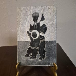 Vintage Inuit Art Mother And Child Carved Soap Stone Tile 6" x 4" Circa 70's