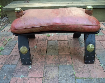 Antique Egyptian Camel Saddle Stool Original Embossed Leather Cushion