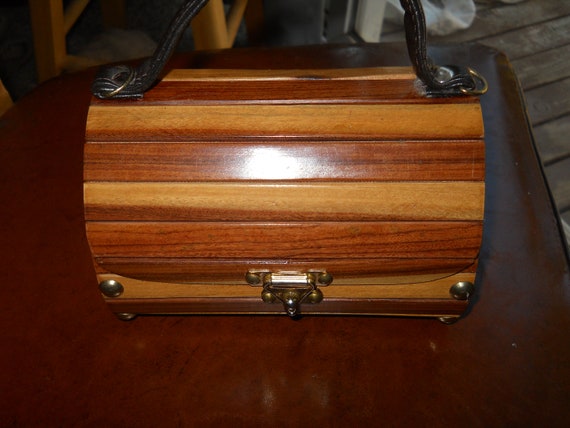 Vintage Wood Slat Roll Top Hand Bag / Cross Body … - image 6