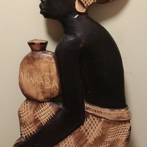 AKWAABA Vintage Hand Carved Woman Welcome Sign Aken Ghana / West Africa