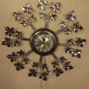Large Mid Century Wall Clock 24 x 24 Atomic Sunburst Oak / Ivey Leaf by United Made In USA