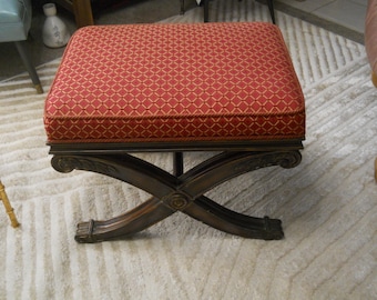 Vintage Ethan Allen Cross Base Ottoman Stool Cranberry And Gold Fabric Seat