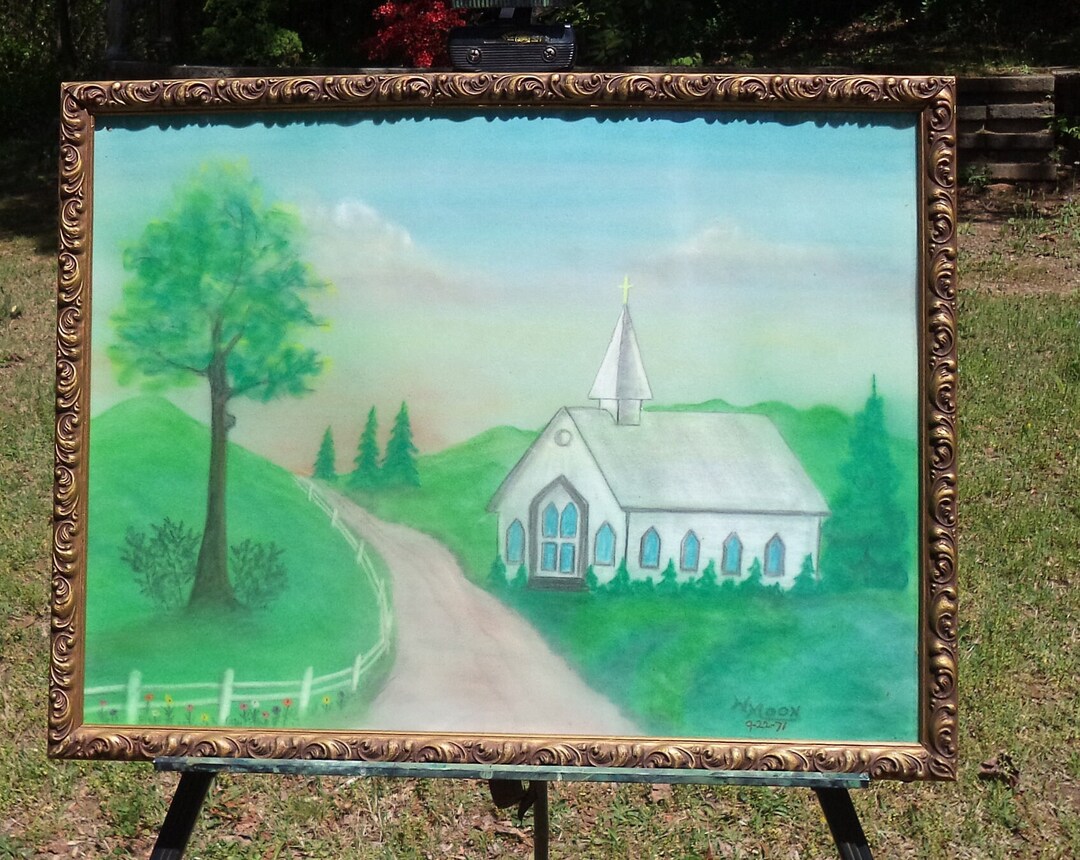 Vintage Original Folk Art Country Church in Lush Landscape Artist ...