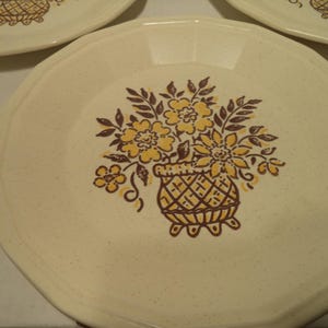 Vintage Homer Laughlin Set of (4) 10 Inch Floral Basket Design Speckled Stoneware Dinner Plates Circa 70's