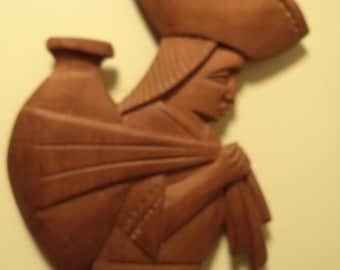 Vintage Hand Carved Wall Art Made in Ecuador Man Carrying Vessel