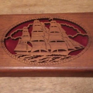 Men Dresser / Jewelry Box Solid Wood With Laser Cut Clipper Ship