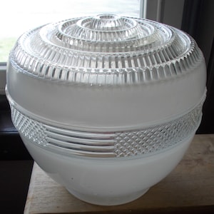 Vintage Frosted Glass  and Clear Glass Drum Bullseye  Flush Mount Ceiling Fixture Globe Circa 1950&#39;s