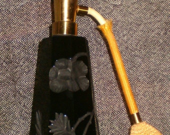 I RICE Black Cut Glass Perfume Atomizer, Circa 1950's