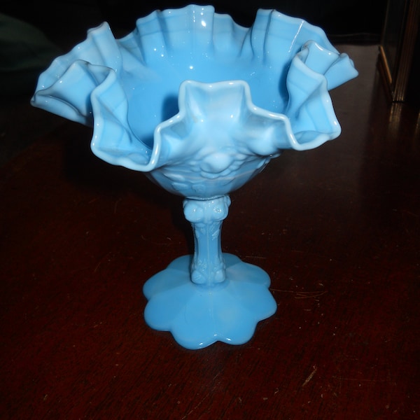 Vintage Blue Fenton Cabbage Rose Compote with Ruffled Edge