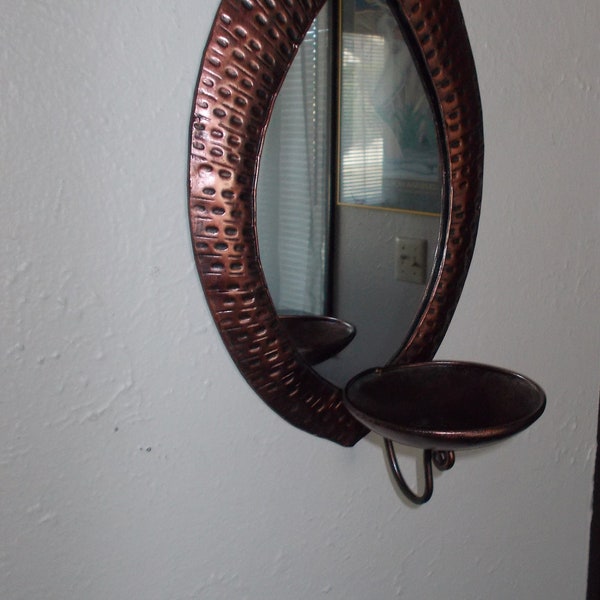 Tear Drop Mirrored Wall Sconce Hammered Metal with Copper Toned Finish