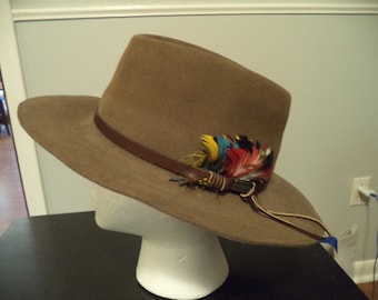 May include: A brown felt fedora hat with a leather band and a colorful feather accent.