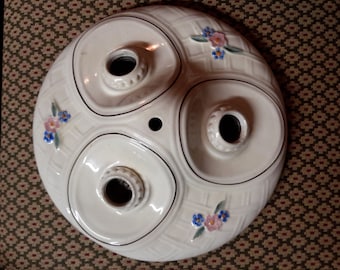 Antique Flush Mount 3 Light Porcelier Hand Painted Floral