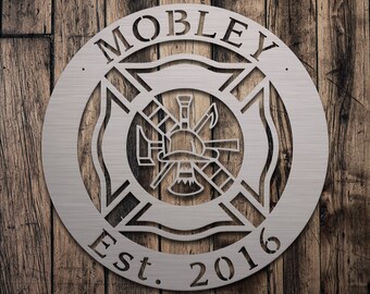 24" x 24" Laser Cut Metal Sign with Fire Fighter Cross, Family Name, and Established Date