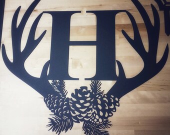 24" x 24" Laser Cut Metal Sign with Pine Cone & Antlers and Initial