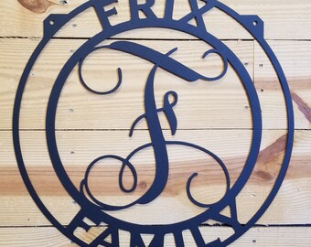 Round Laser Cut Metal Sign with "{Name} Family" and Large Initial