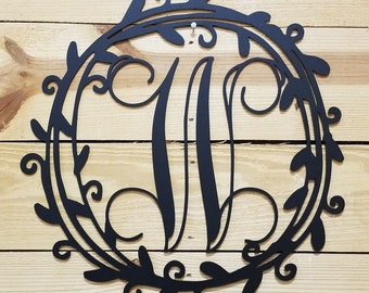 Round Laser Cut Metal Sign with Curly Vine Border & Monogram available in 18in or 24in