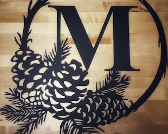 24" x 24" Laser Cut Metal Sign with Pine Cone Wreath and Initial