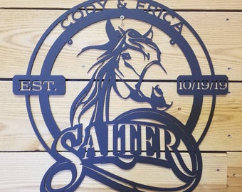 24" x 24" Laser Cut Metal Horse themed Sign with Family Name, Established Date