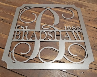 12 inch Square Laser Cut Metal Sign with Vine Monogram Letter, Name and Est. date