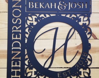 24" Laser Cut Metal Sign with Names & Est. Date Scrollwork