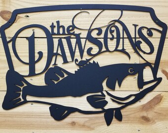 18" x 24" Laser Cut Metal Sign with Family Name and Bass Fish
