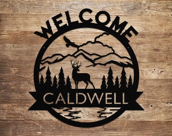24in Round Deer/Eagle/Mountain scene "Welcome" sign - laser cut steel