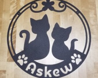 Round Laser Cut Metal Sign with Cats and Family Name available in 18in or 24in