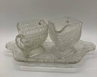 Vintage Indiana Glass Crystal Clear Sugar Creamer Set with Tray