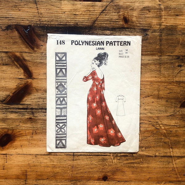 1960s/1970s Hawaiian Lanai Evening Style Dress with Train Polynesian Pattern #148 b34" · complete