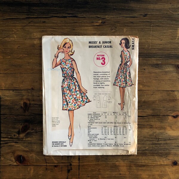 Fresh 1960s Breakfast Dress Original 60s Casual Sewing Pattern Colab McCall's & Quaker Oats #3 Bust 31-32" •  FACTORY FOLD