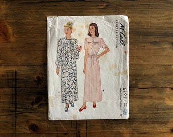 1945 Demure Nightgown Original 40s Boudoir Paper Sewing Pattern McCall #6197 Bust 42-44” •  Complete