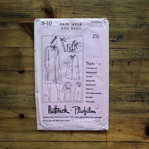 Rare Original 1940s Raincoat, Raincape w Hood & Bags Accessory Butterick - Pliofilm #S-10 Paper Sewing Pattern medium | FACTORY FOLD