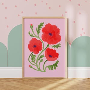 ポピーの花柄プリント、フラワーウォールアート。大胆でカラフルな子供用インテリア。彼女へのプレゼント、女の子へのプレゼント