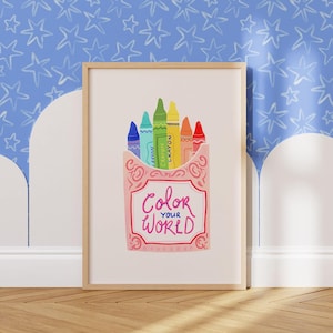 Póster de crayones "Colorea tu mundo". Espacio de arte infantil. Decoración infantil. Decoración de dormitorios. Decoración escolar. Estudio de arte.