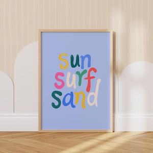 Surf Type Print for Nursery or Kids bedroom. Modern Watercolour Quote "Sun Surf Sand" Poster. Children's Decor