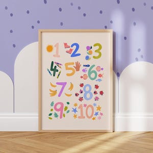 Poster con i numeri per bambini. Arte murale educativa e colorata per l'asilo nido, la camera dei bambini, la sala giochi o l'aula scolastica.