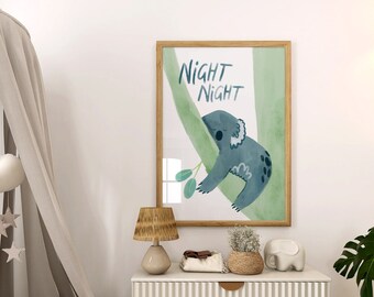 Printable 'Night Night' Koala Poster. Australian Animal Theme Nursery. Watercolour Wall Art. Children's Decor.