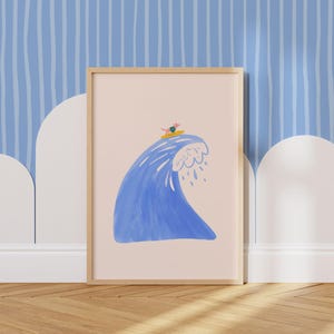 Lámina de surf para habitación infantil. Póster moderno de perro en acuarela sobre tabla de surf. Decoración infantil.