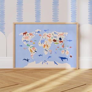 Karte der Tiere mit Weltkarte fürs Kinderzimmer, Kinderzimmer, Klassenzimmer. Lehrreiche Kinder Dekor