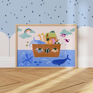 Decorazione murale "Arca di Noè" per la cameretta dei bambini. Stampa con animali dell'Arca di Noè. Decorazione cristiana per la cameretta dei bambini.