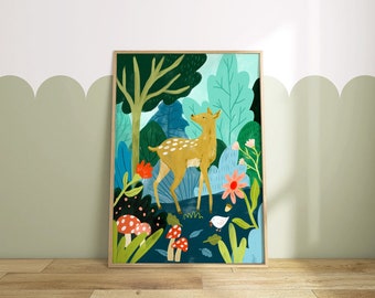 Printable Woodland Wall Art Poster. Bright Woodland. Fawn. Deer Children's Decor. Nursery Decor. Digital Download