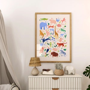 Poster dell'alfabeto degli animali da scaricare digitalmente per la cameretta dei bambini. Animali ABC ad acquerello vivaci. Poster stampabile.